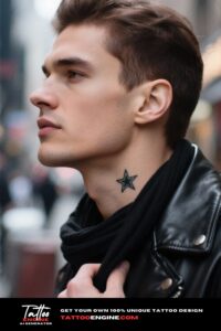 Close-up of a man's neck with a star tattoo, adjusting a scarf.