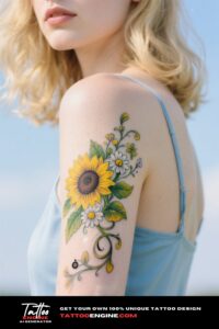 A woman's shoulder with a sunflower and daisy tattoo, wearing a blue top.