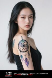 Cinematic view of a woman's arm with a dreamcatcher tattoo, wearing a black dress.