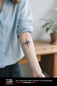Close-up of a woman's wrist with a tiny compass rose tattoo.