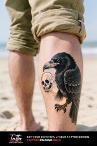 Traditional raven tattoo on a man's calf