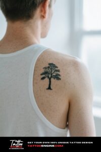 Close-up of a minimalist tree tattoo on a man's shoulder blade with a white tank top.