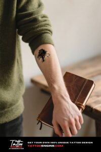 Close-up of a man's inner forearm with a tree tattoo, holding a journal.