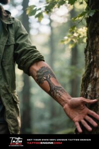 Close-up of a man's forearm with a tree tattoo, reaching for a tree in a green jacket.
