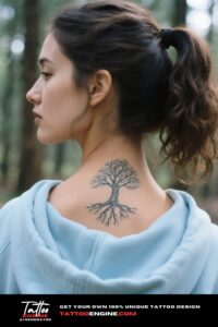 A woman with a tree tattoo at the base of her neck, wearing a light blue hoodie.