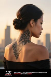 A close-up of a woman's neck with a tribal pattern tattoo, set against a city skyline at golden hour.