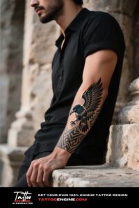 Bold tribal raven tattoo on a man's forearm