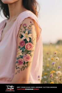Close-up of a woman's arm with a vibrant floral half sleeve tattoo