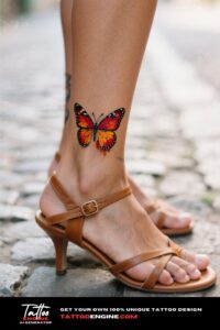 A close-up of a colorful butterfly tattoo on a woman's foot with strappy sandals