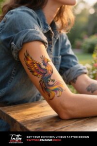 A detailed phoenix tattoo on a woman's arm, glowing under golden hour light.