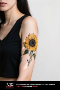 A vibrant sunflower tattoo on a woman's forearm.