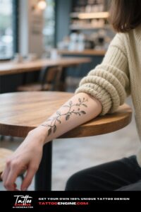 Close-up of a woman's forearm with a vine and leaf tattoo