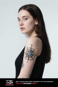 Close-up of a woman's arm with a compass tattoo, wearing a floral dress.