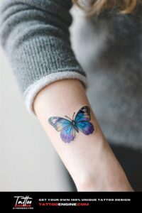 An extreme close-up of a small, colorful butterfly tattoo on a woman's wrist