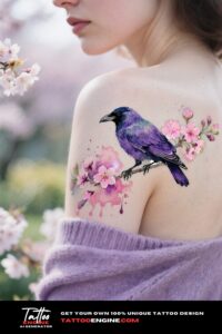 Vibrant watercolor raven tattoo on a woman's shoulder