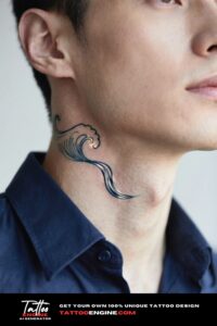 Close-up of a man's neck with a wave tattoo, wearing a navy shirt.