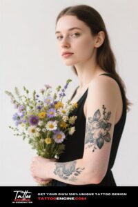 A woman's arm with a watercolor wildflower tattoo, wearing a bohemian dress.