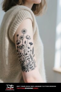 A black and grey wildflower tattoo featuring daisies, poppies, and cornflowers on a woman's arm.