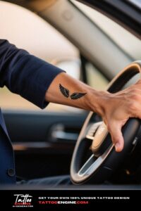 Close-up of a man's forearm with wings tattoo, gripping a steering wheel.