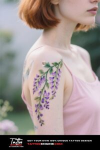 A woman's shoulder with a wisteria vine tattoo, wearing a pink top.
