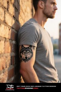 Side profile of a man's forearm with a wolf tattoo, wearing a grey t-shirt in golden hour lighting.