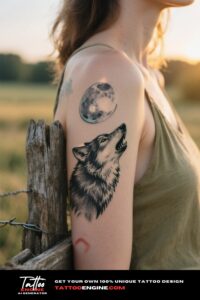 A detailed wolf and moon tattoo on a woman's arm, with golden hour lighting and a countryside background.
