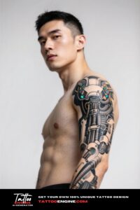 Close-up of an arm with a biomechanical tattoo featuring gears and organic shapes
