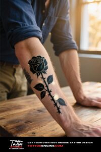 Close-up of a black rose tattoo on a man's forearm, wearing a navy blue shirt.