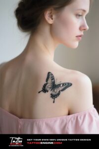Diagonal view of a woman's neck with a butterfly tattoo, wearing a pink blouse.