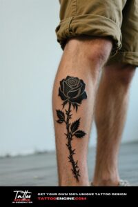 Close-up of a black rose tattoo on a man's calf, wearing rolled-up khaki shorts.