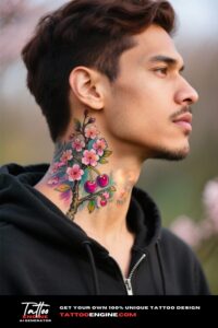 Side view of a colorful cherry blossom tattoo on a man's neck with warm lighting