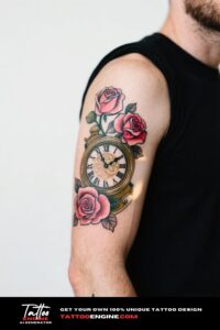 Close-up of an upper arm with a clock and roses tattoo in black ink
