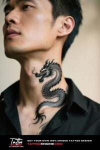 Medium shot of a dragon tattoo on a man's neck in soft natural light