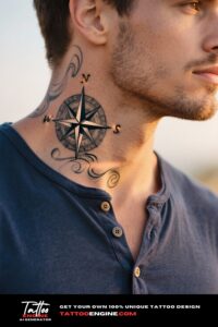 Close-up of a man's neck with a compass rose tattoo under soft lighting