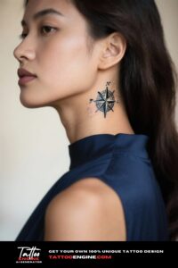 Three-quarter view of a woman's neck with a compass rose tattoo.