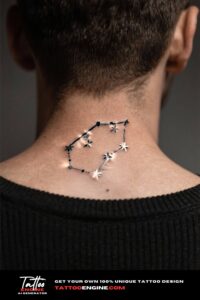Extreme close-up of a constellation tattoo on the back of a man's neck