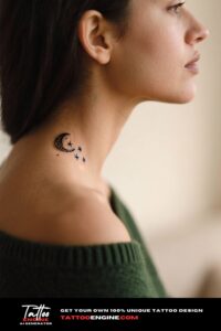 Side view of a woman's neck with a crescent moon and stars tattoo.