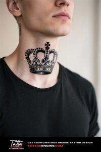 Close-up of a man's neck with a crown tattoo in black ink.
