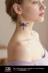 Side view of a woman's neck with a dragonfly tattoo, wearing a lavender top.