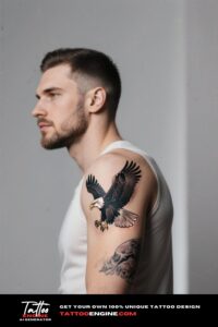 Close-up of an upper arm with an eagle tattoo in black and grey