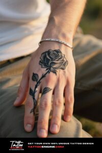 Close-up of a black rose tattoo wrapped around a man's finger, wearing a silver bracelet.