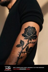 Close-up of a black rose tattoo on a man's forearm, wearing a black long-sleeve sweater.