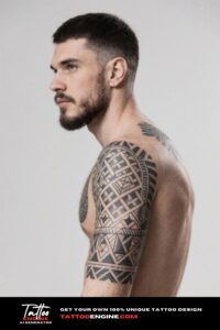 Close-up of an upper arm with a geometric tattoo in black ink