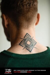 Close-up of a geometric tattoo on the back of a man's neck with soft lighting
