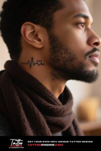 Close-up of a heartbeat tattoo on a man's neck with warm, subtle lighting