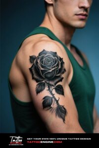 Close-up of a black rose tattoo on a man's upper arm, wearing a dark green tank top.