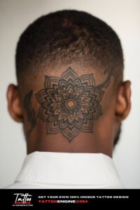 Extreme close-up of a mandala tattoo on the back of a man's neck