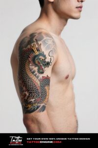 Close-up of an arm with a colorful Japanese dragon tattoo