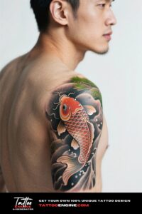 Close-up of a forearm with a koi fish tattoo in black and grey