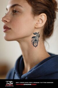 Close-up of a woman's neck with a branch tattoo, wearing a navy hoodie.